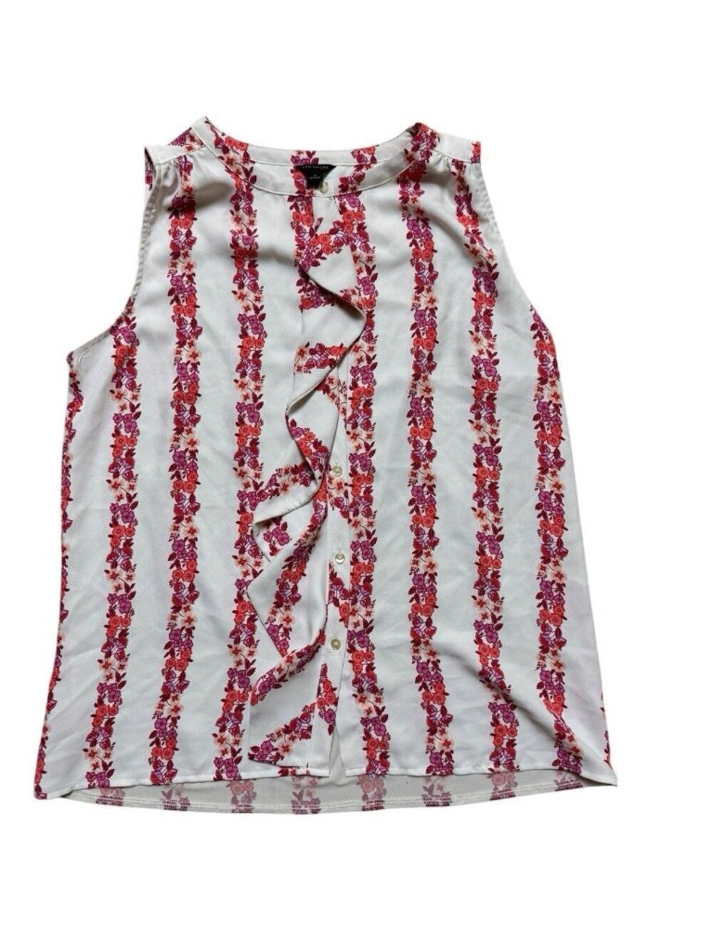Ann Taylor Floral Sleeveless Ruffle Blouse White Pink Size M